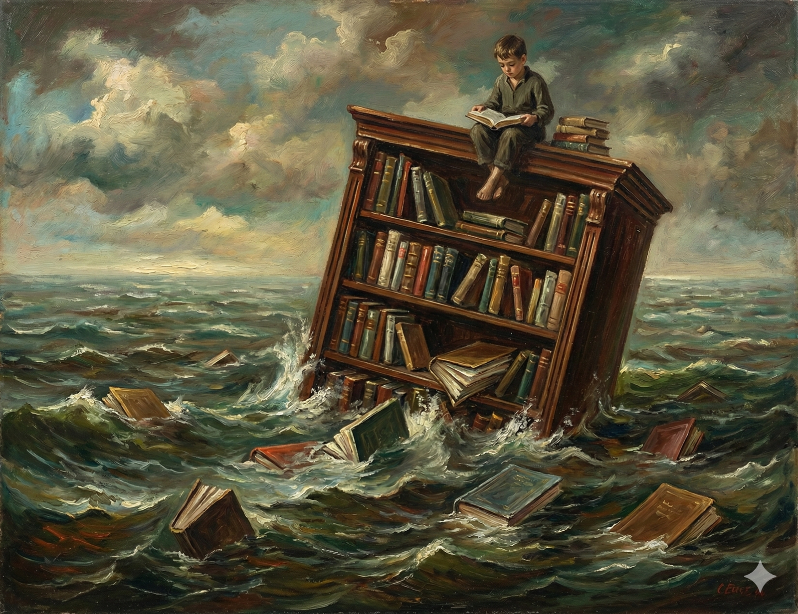 drowning bookshelf